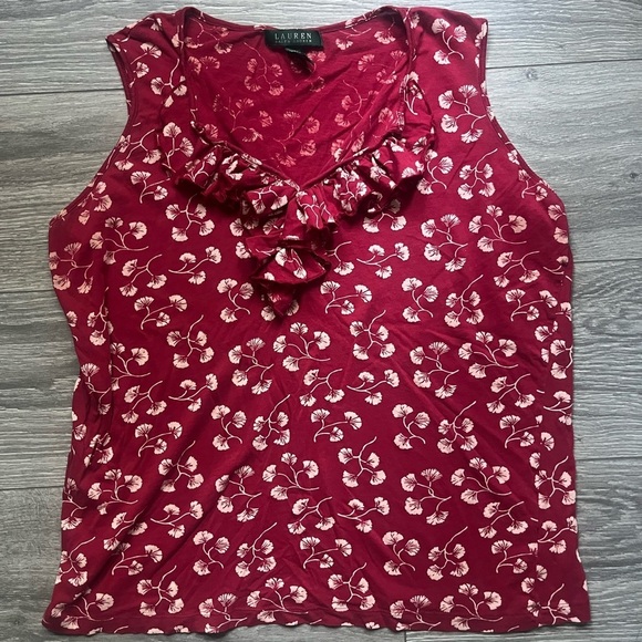 Lauren Ralph Lauren Tops - Lauren Ralph Lauren Red Cream Floral Ruffle Sleeveless Top Size XL Work Casual